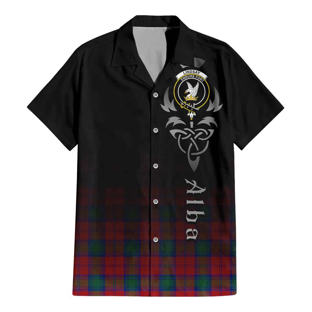 Tartan Vibes Clothing Lindsay Modern Tartan Short Sleeve Button Up Featuring Alba Gu Brath Family Crest Celtic Inspired