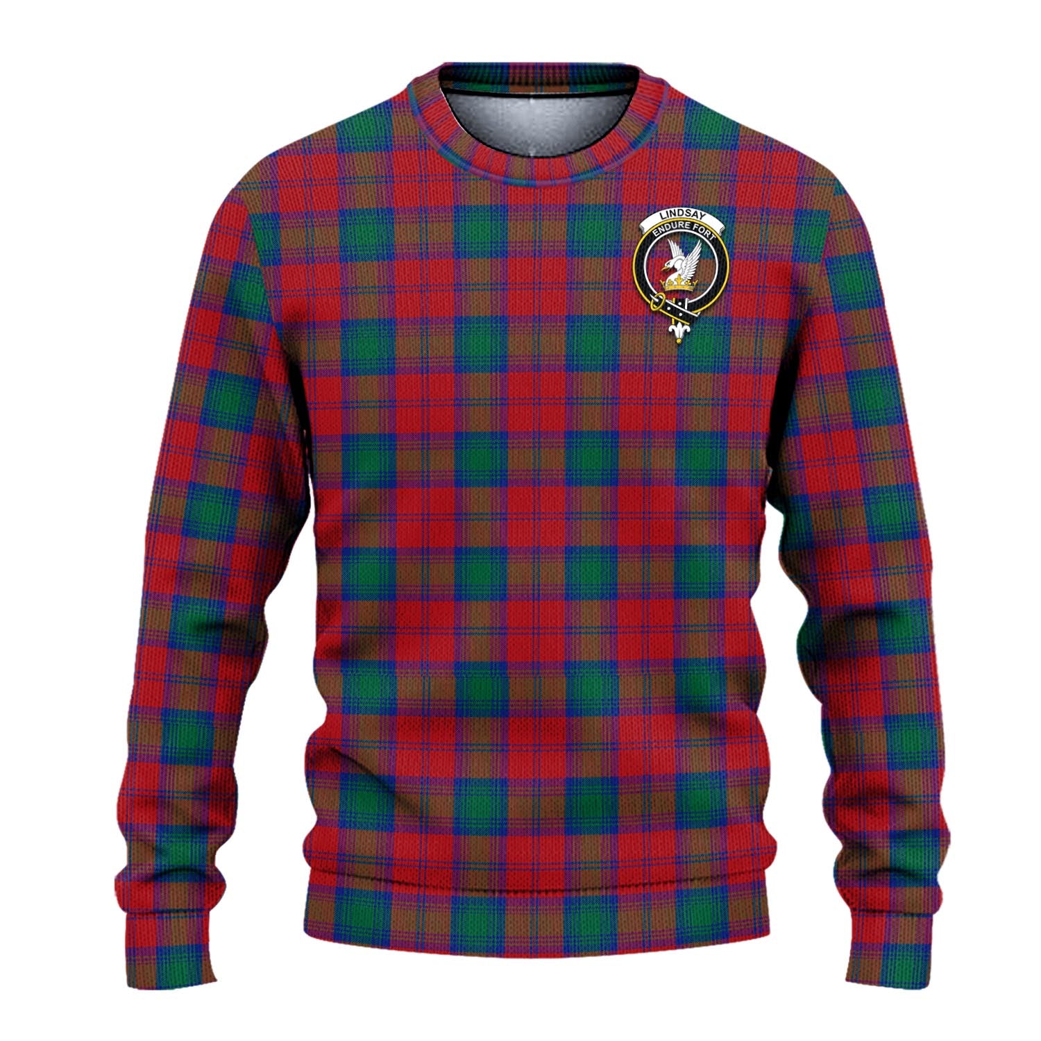 Lindsay Modern Tartan Knitted Sweater with Family Crest - Tartanvibesclothing