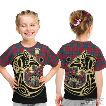 Lindsay Modern Tartan Kid T-Shirt with Family Crest Celtic Wolf Style