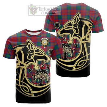 Lindsay Modern Tartan Cotton T-shirt with Family Crest Celtic Wolf Style