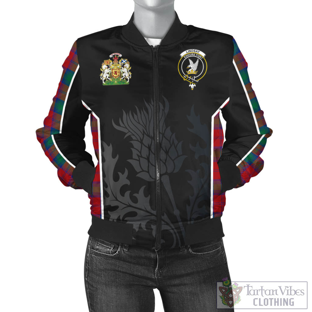 Tartan Vibes Clothing Lindsay Modern Tartan Bomber Jacket with Family Crest and Scottish Thistle Vibes Sport Style