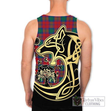Lindsay Modern Tartan Men's Tank Top with Family Crest Celtic Wolf Style