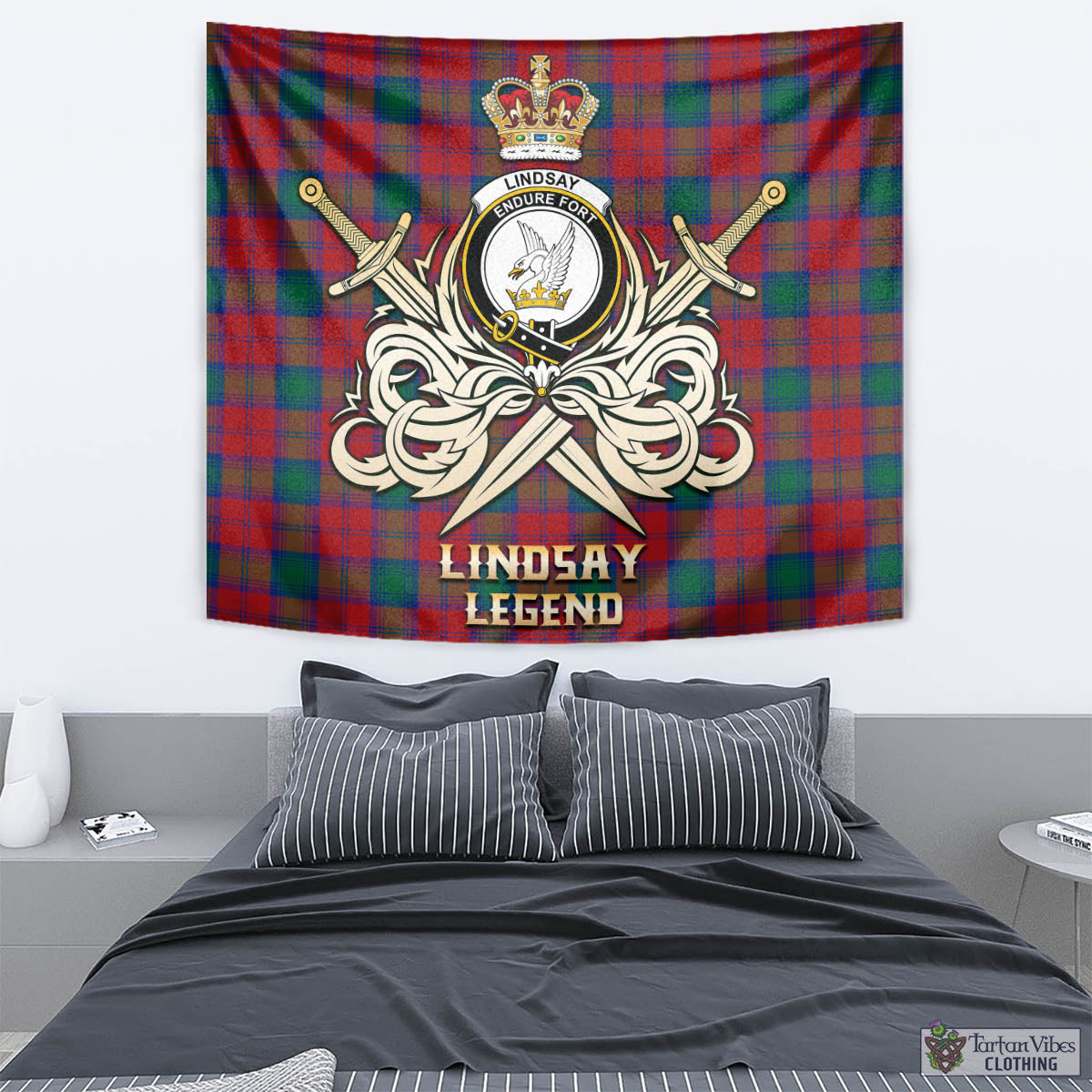 Tartan Vibes Clothing Lindsay Modern Tartan Tapestry with Clan Crest and the Golden Sword of Courageous Legacy