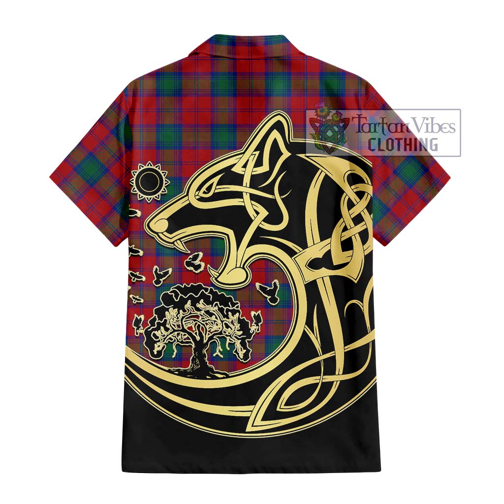 Tartan Vibes Clothing Lindsay Modern Tartan Short Sleeve Button Shirt with Family Crest Celtic Wolf Style