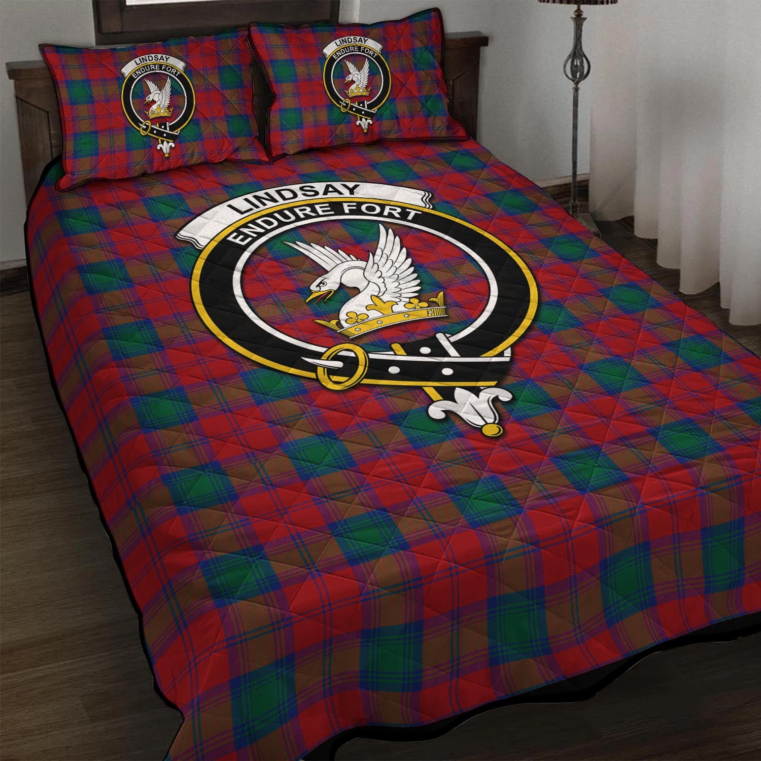 Lindsay Modern Tartan Quilt Bed Set with Family Crest - Tartan Vibes Clothing