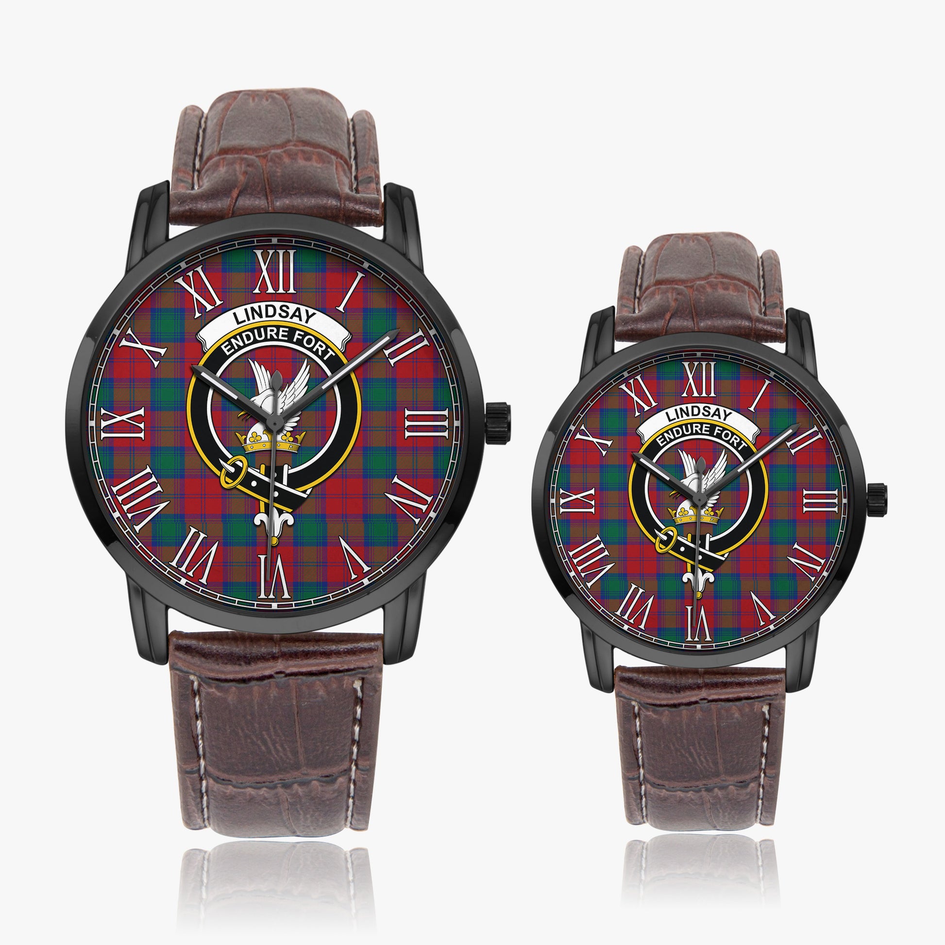 Lindsay Modern Tartan Family Crest Leather Strap Quartz Watch - Tartanvibesclothing