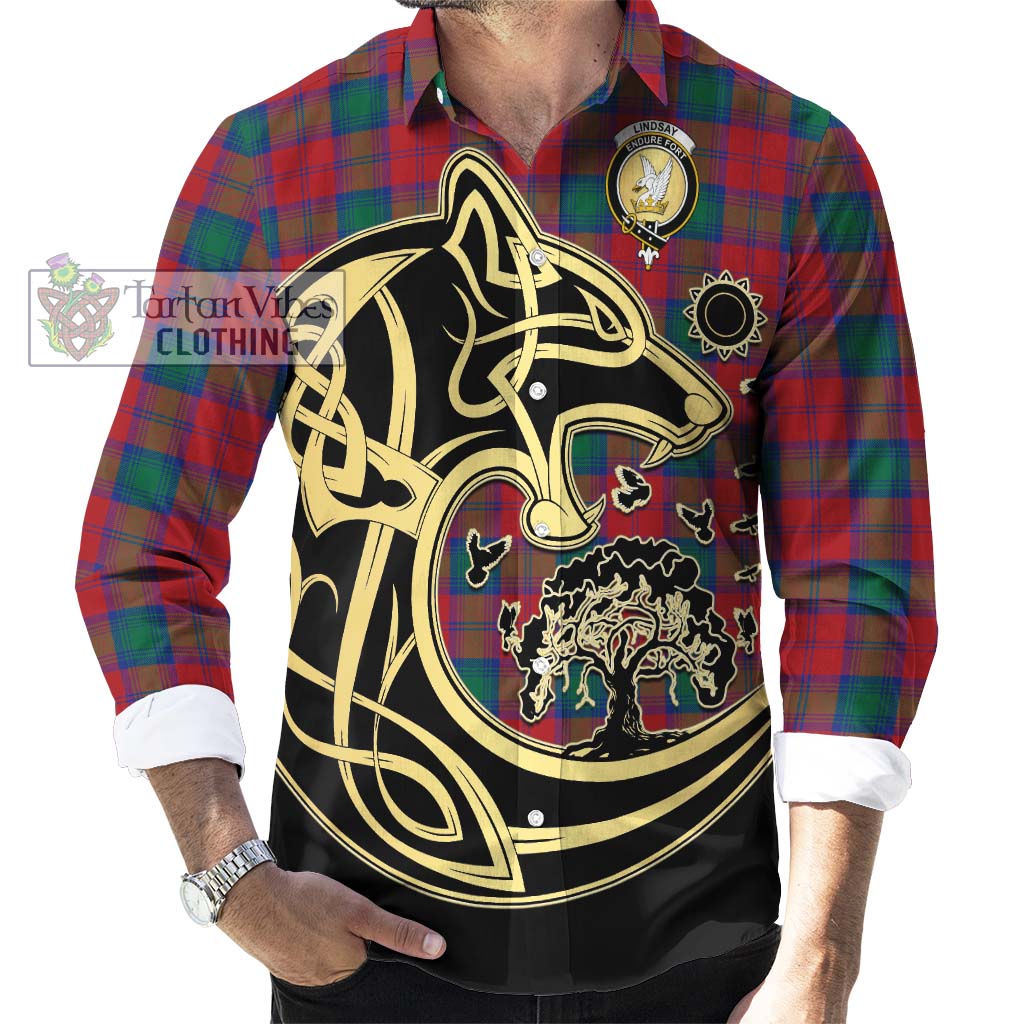 Tartan Vibes Clothing Lindsay Modern Tartan Long Sleeve Button Shirt with Family Crest Celtic Wolf Style