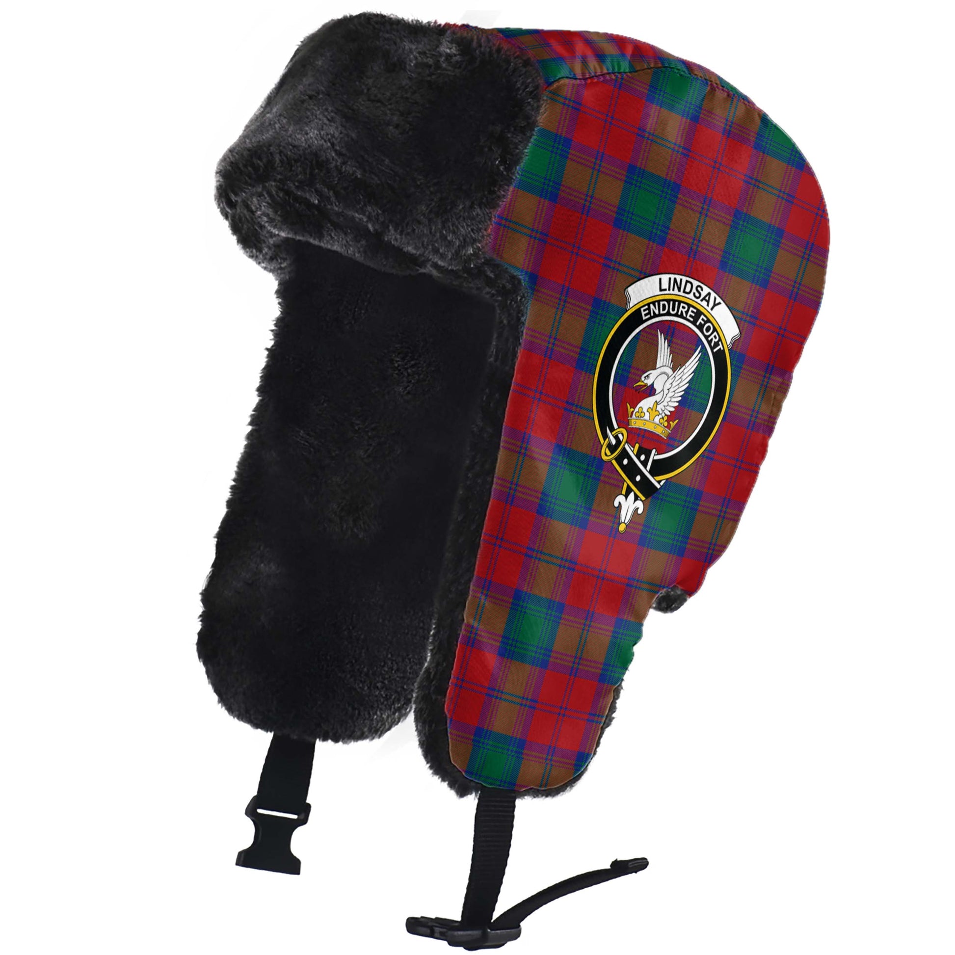 Lindsay Modern Tartan Winter Trapper Hat with Family Crest - Tartanvibesclothing