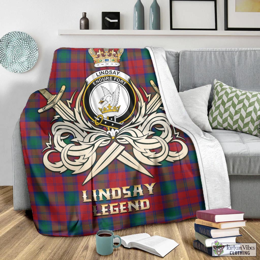 Tartan Vibes Clothing Lindsay Modern Tartan Blanket with Clan Crest and the Golden Sword of Courageous Legacy