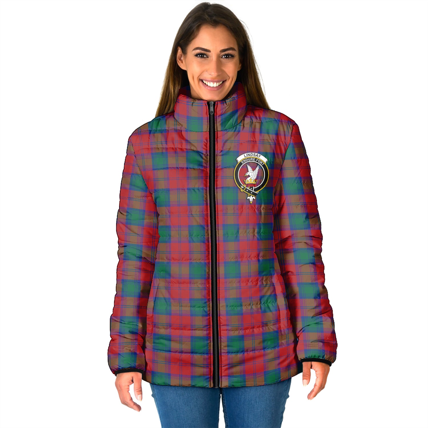 Lindsay Modern Tartan Padded Jacket with Family Crest - Tartanvibesclothing