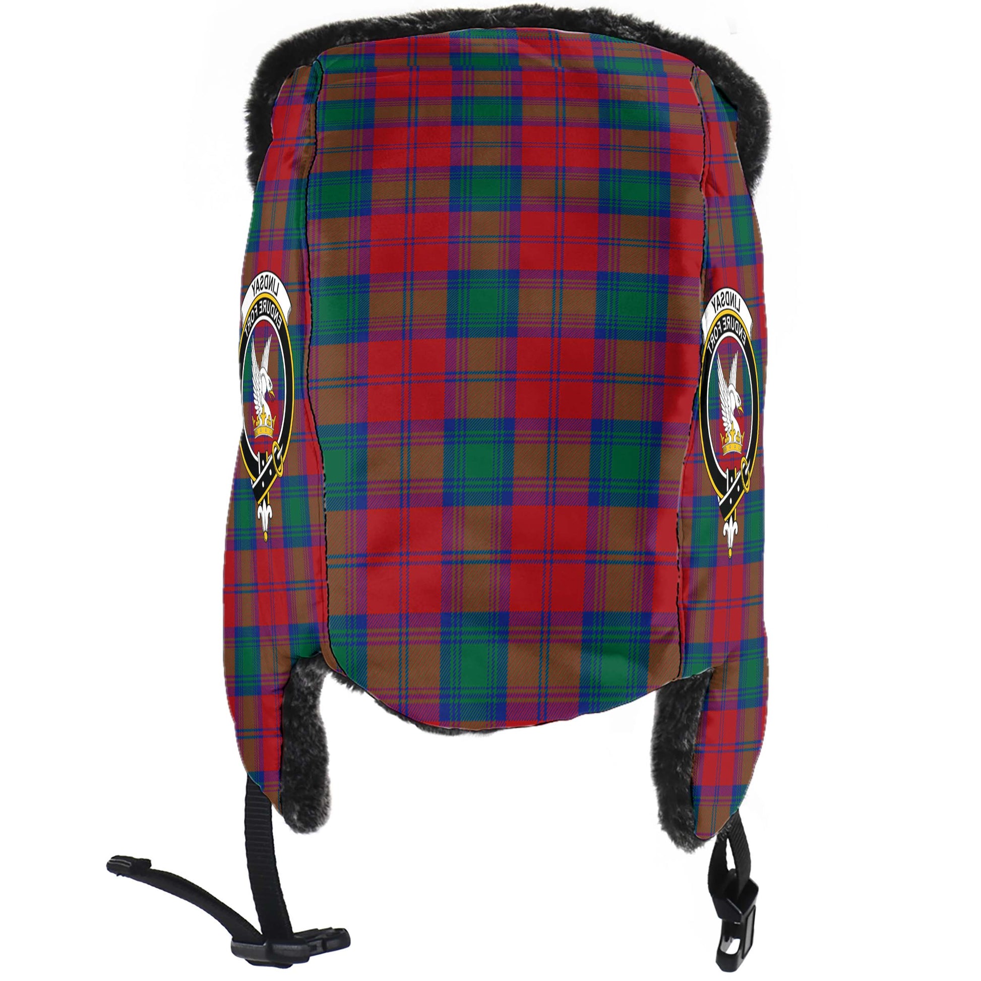 Lindsay Modern Tartan Winter Trapper Hat with Family Crest - Tartanvibesclothing