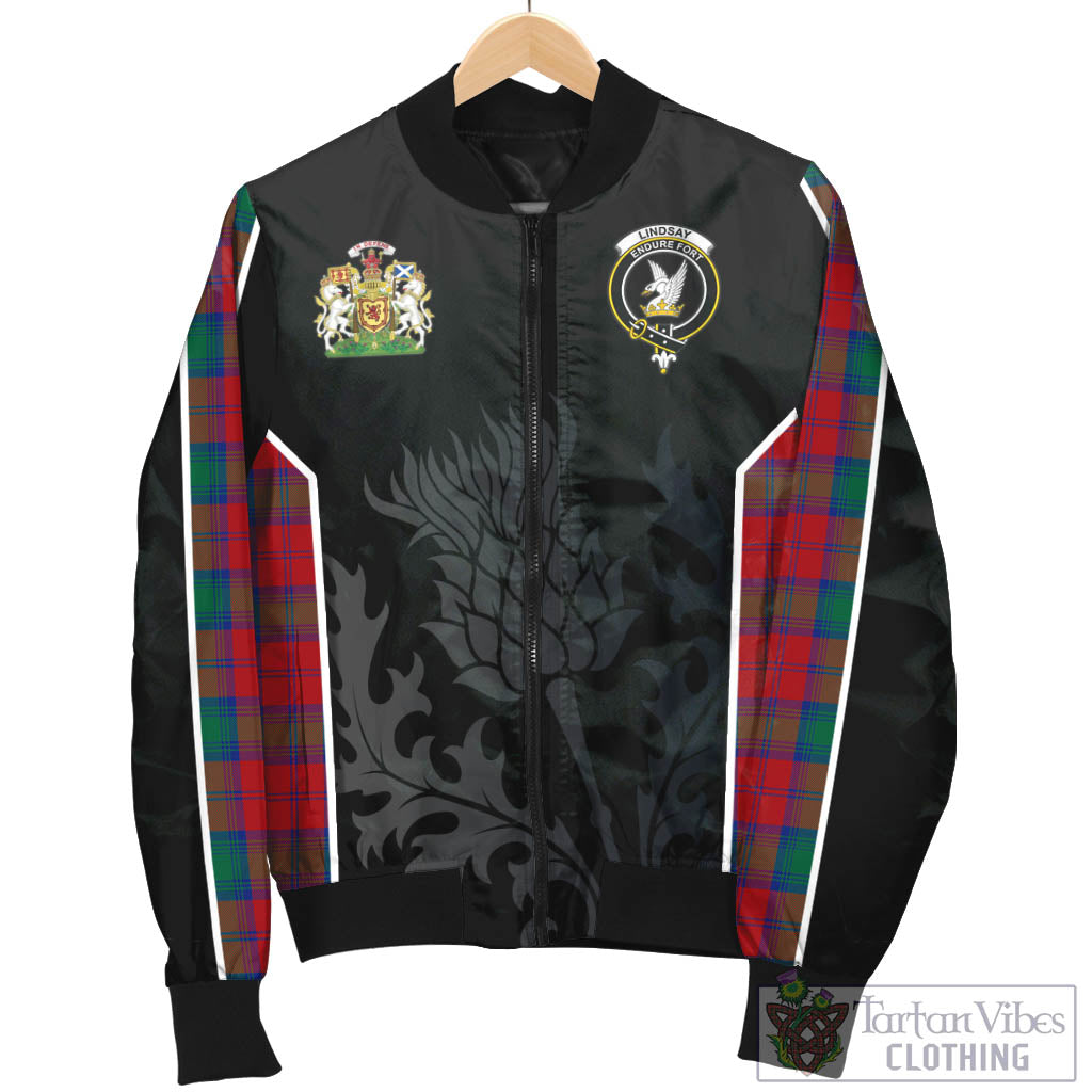 Tartan Vibes Clothing Lindsay Modern Tartan Bomber Jacket with Family Crest and Scottish Thistle Vibes Sport Style