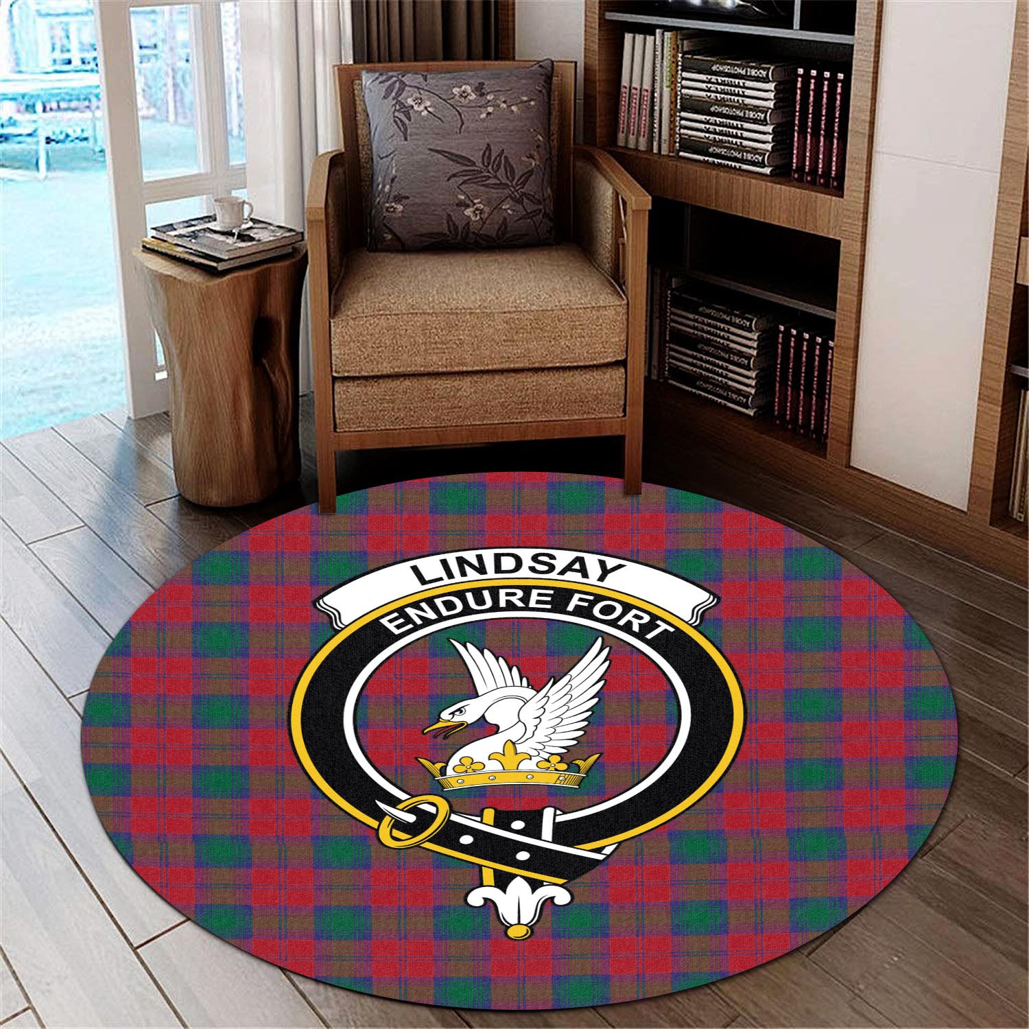 lindsay-modern-tartan-round-rug-with-family-crest