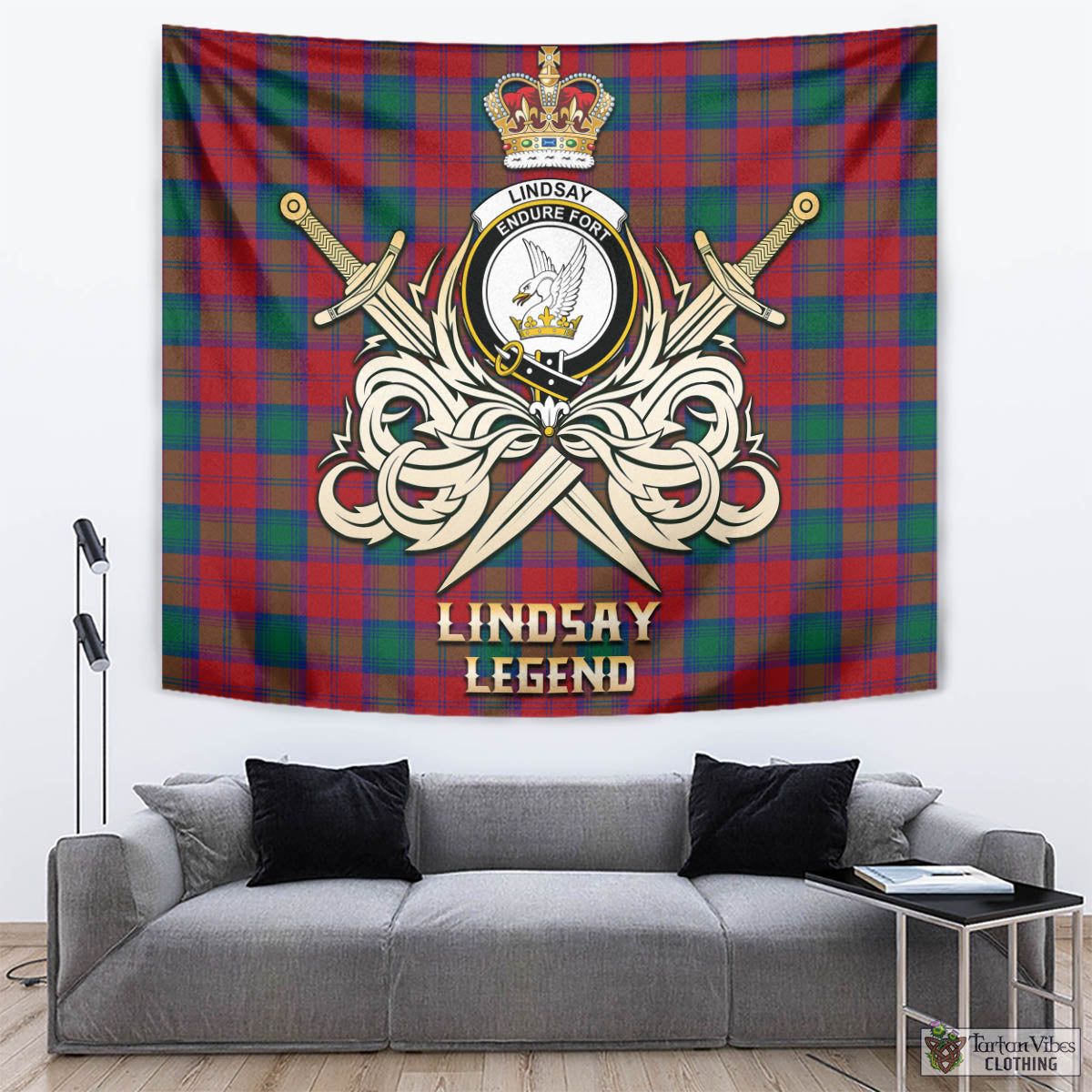 Tartan Vibes Clothing Lindsay Modern Tartan Tapestry with Clan Crest and the Golden Sword of Courageous Legacy