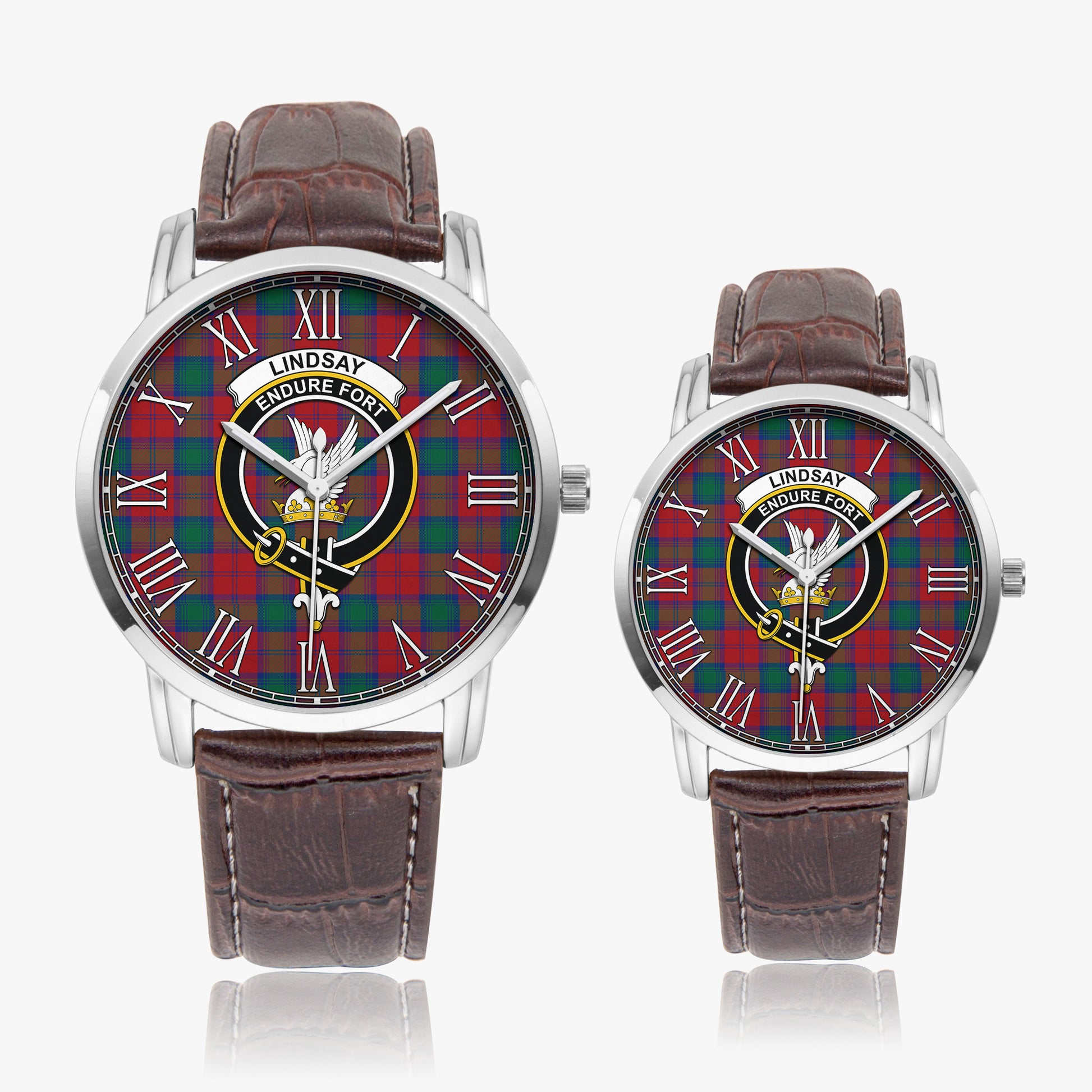 Lindsay Modern Tartan Family Crest Leather Strap Quartz Watch - Tartanvibesclothing