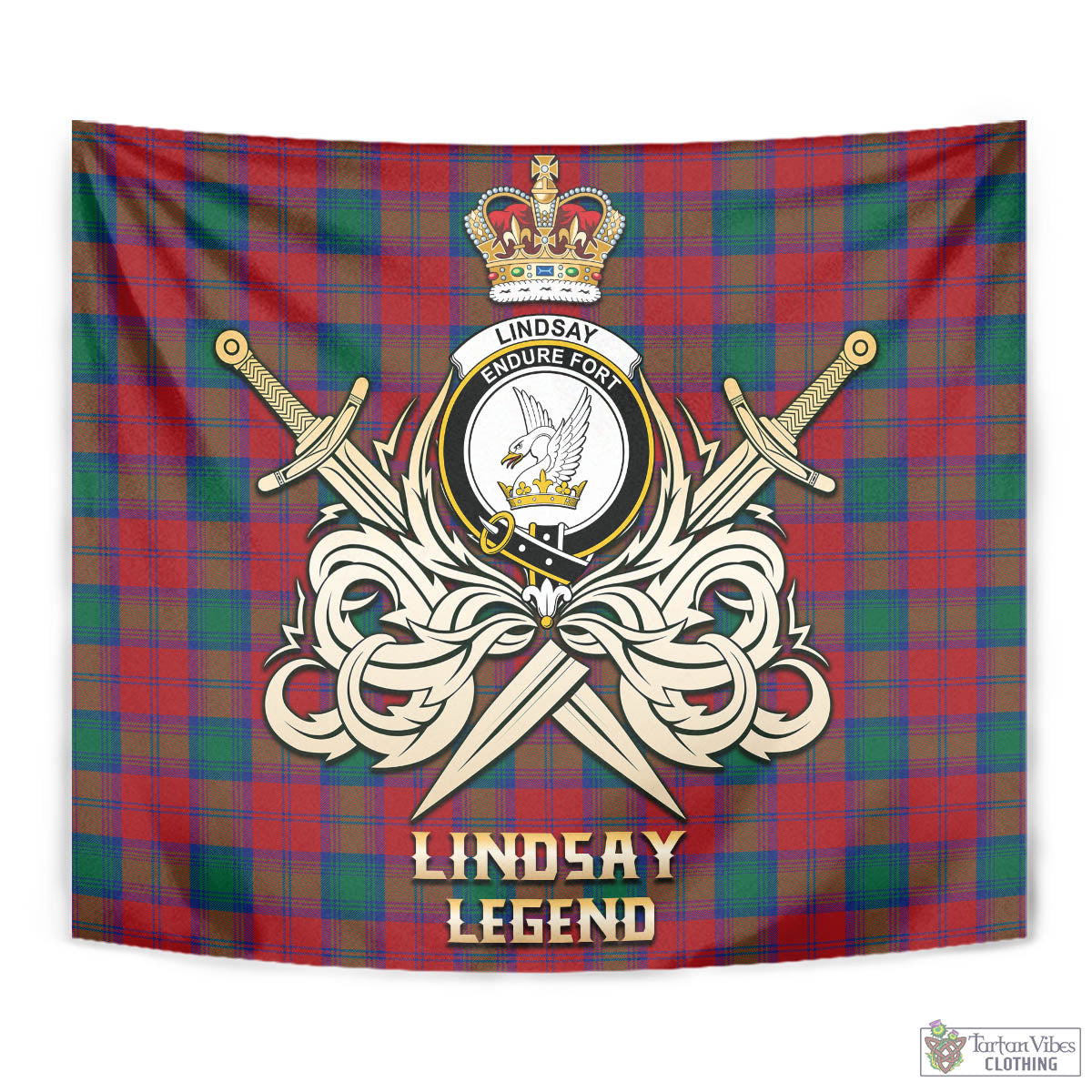 Tartan Vibes Clothing Lindsay Modern Tartan Tapestry with Clan Crest and the Golden Sword of Courageous Legacy