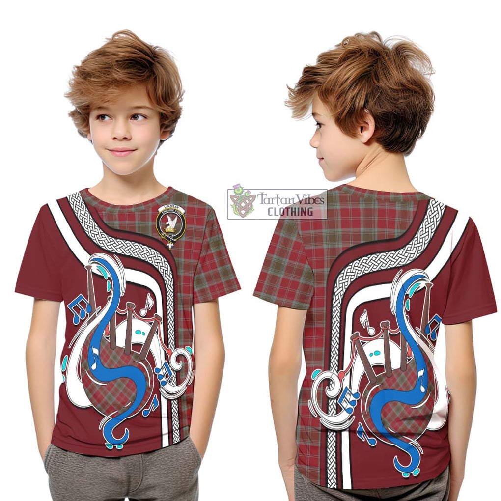 Tartan Vibes Clothing Lindsay Weathered Tartan Kid T-Shirt with Epic Bagpipe Style