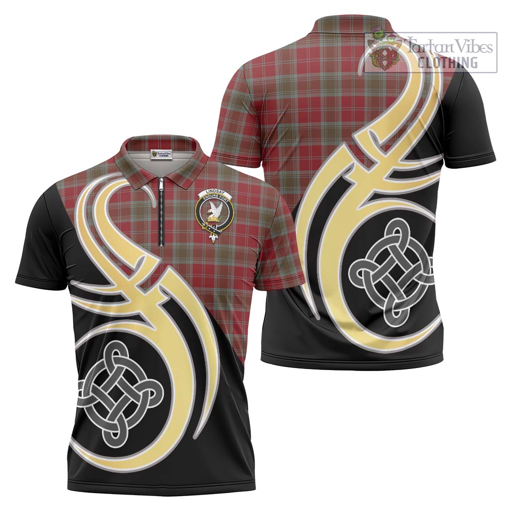 Tartan Vibes Clothing Lindsay Weathered Tartan Zipper Polo Shirt with Family Crest and Celtic Symbol Style