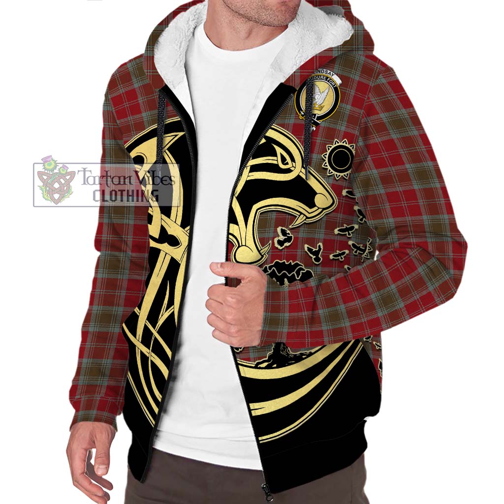 Tartan Vibes Clothing Lindsay Weathered Tartan Sherpa Hoodie with Family Crest Celtic Wolf Style