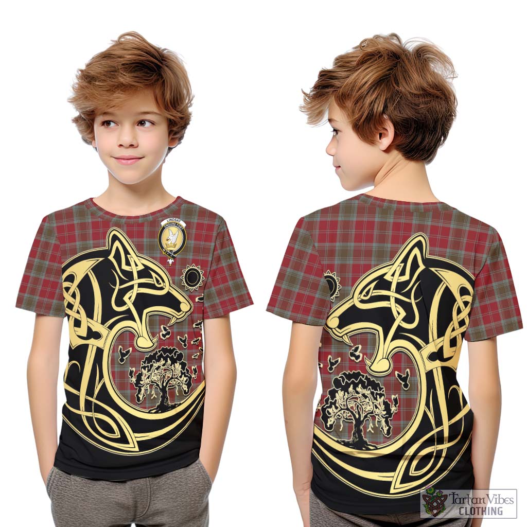 Tartan Vibes Clothing Lindsay Weathered Tartan Kid T-Shirt with Family Crest Celtic Wolf Style