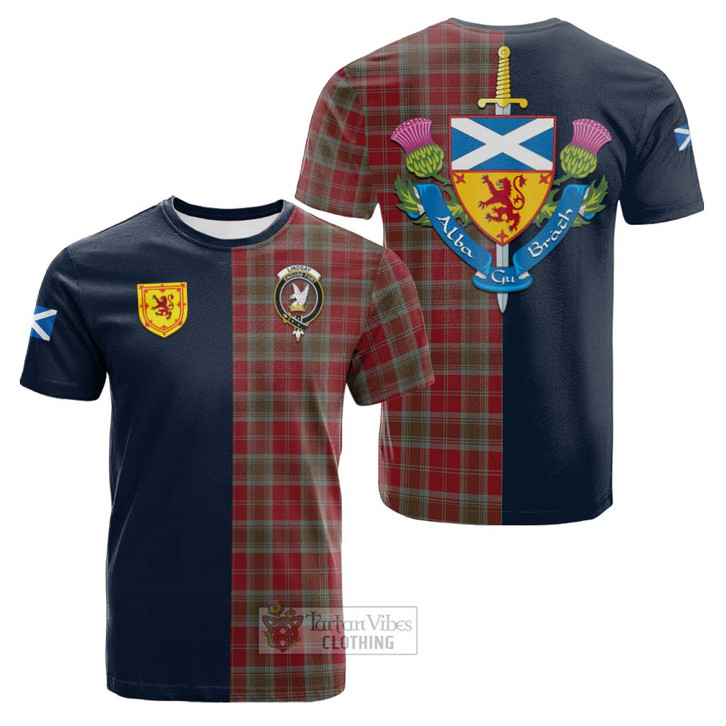 Tartan Vibes Clothing Lindsay Weathered Tartan Cotton T-shirt with Scottish Lion Royal Arm Half Style