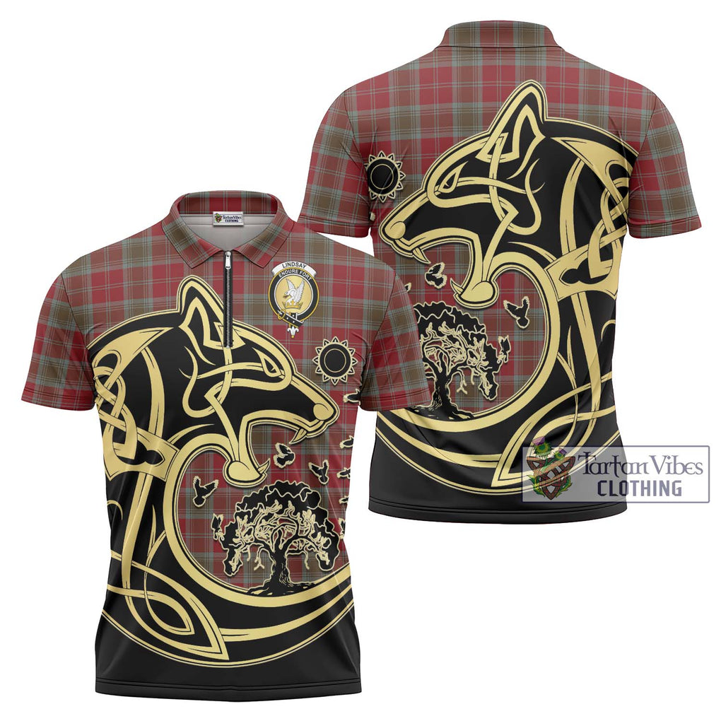 Lindsay Weathered Tartan Zipper Polo Shirt with Family Crest Celtic Wolf Style Unisex - Tartanvibesclothing Shop