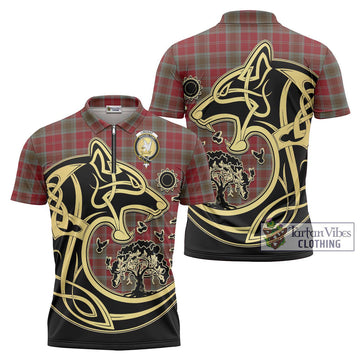 Lindsay Weathered Tartan Zipper Polo Shirt with Family Crest Celtic Wolf Style