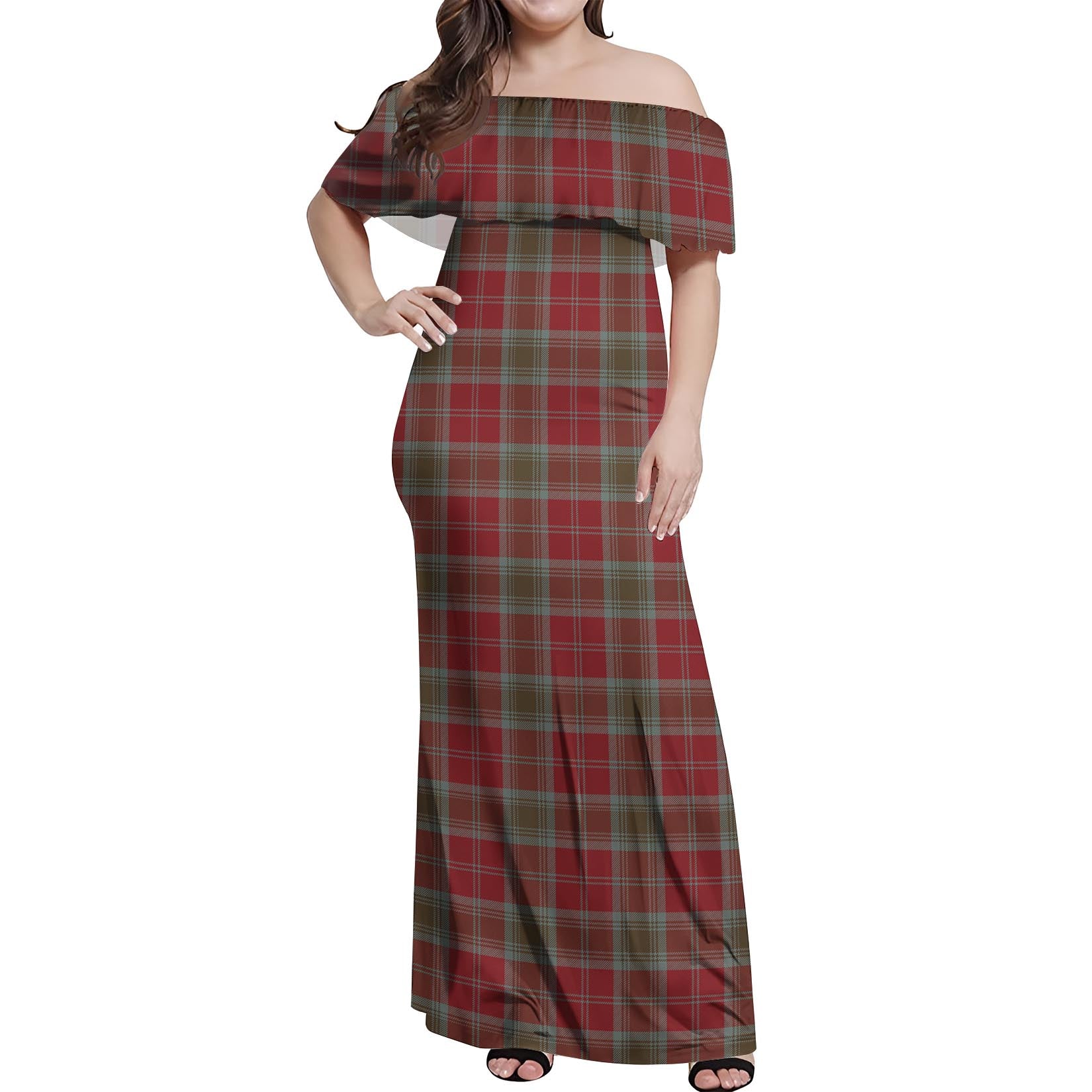 Lindsay Weathered Tartan Off Shoulder Long Dress Women's Dress - Tartanvibesclothing