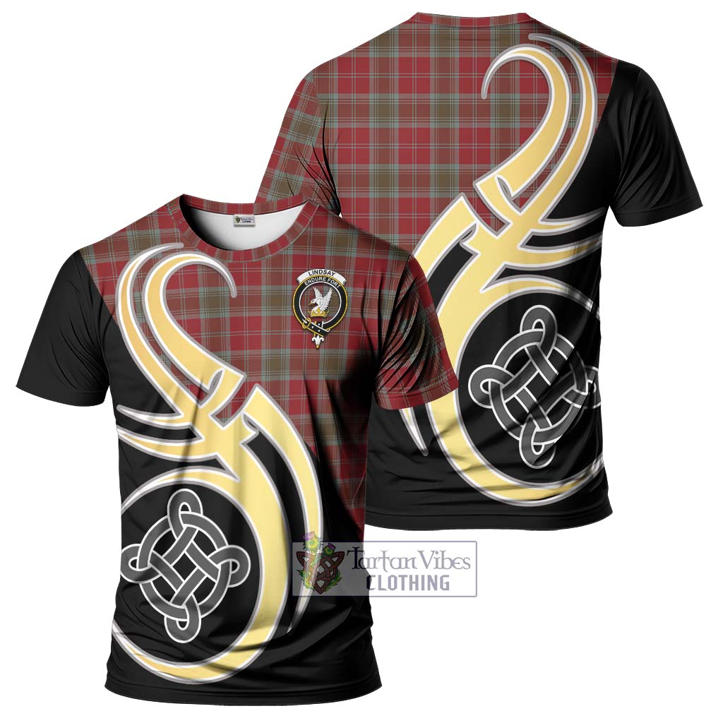 Tartan Vibes Clothing Lindsay Weathered Tartan T-Shirt with Family Crest and Celtic Symbol Style