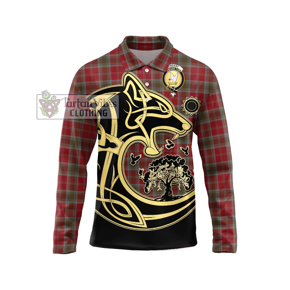 Lindsay Weathered Tartan Long Sleeve Polo Shirt with Family Crest Celtic Wolf Style Unisex - Tartanvibesclothing Shop