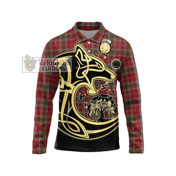 Lindsay Weathered Tartan Long Sleeve Polo Shirt with Family Crest Celtic Wolf Style