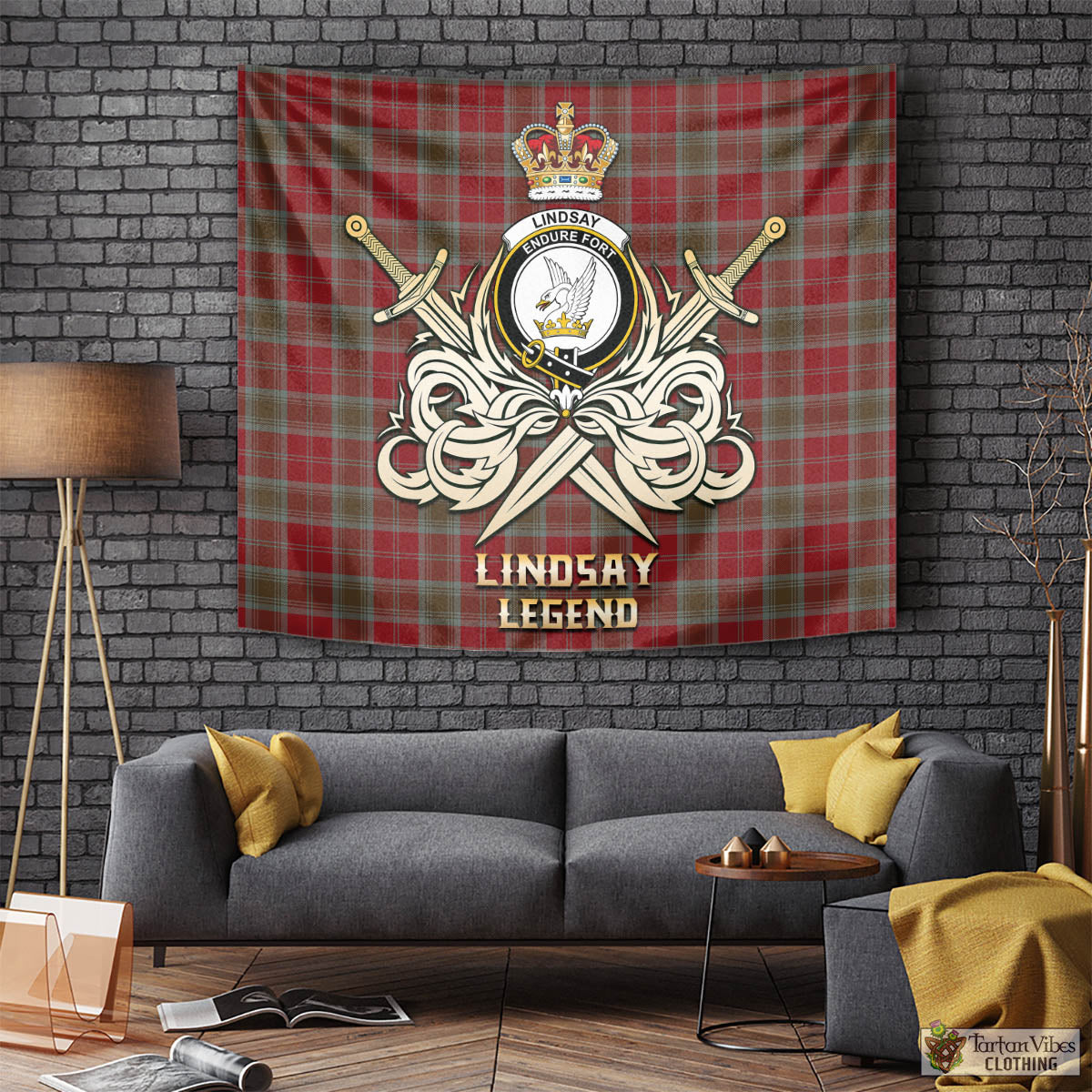 Tartan Vibes Clothing Lindsay Weathered Tartan Tapestry with Clan Crest and the Golden Sword of Courageous Legacy