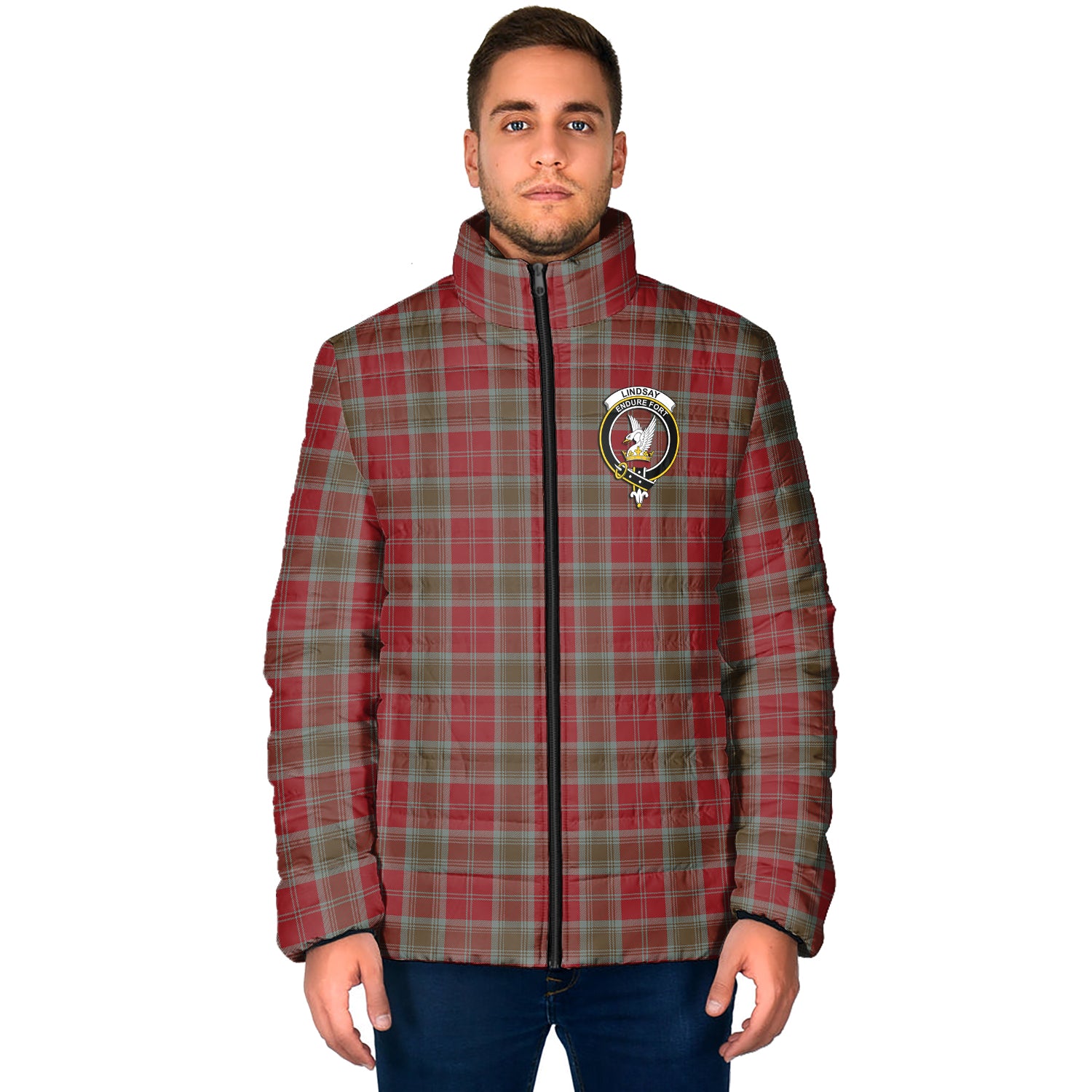 Lindsay Weathered Tartan Padded Jacket with Family Crest - Tartan Vibes Clothing