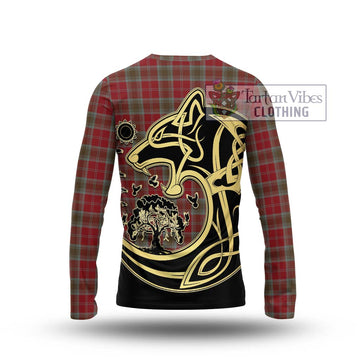 Lindsay Weathered Tartan Long Sleeve T-Shirt with Family Crest Celtic Wolf Style