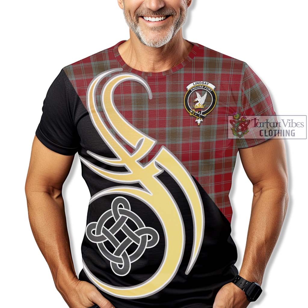 Tartan Vibes Clothing Lindsay Weathered Tartan T-Shirt with Family Crest and Celtic Symbol Style