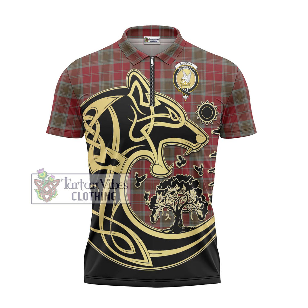 Lindsay Weathered Tartan Zipper Polo Shirt with Family Crest Celtic Wolf Style - Tartanvibesclothing Shop