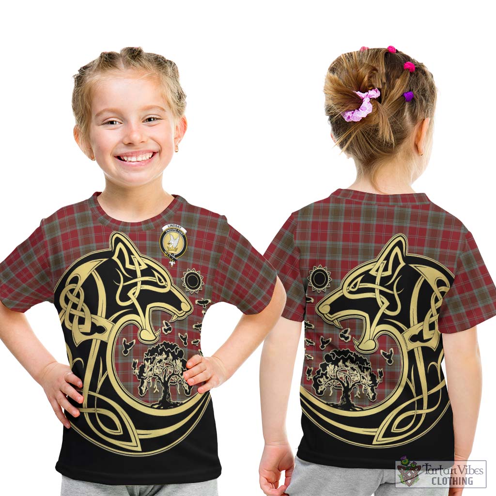 Tartan Vibes Clothing Lindsay Weathered Tartan Kid T-Shirt with Family Crest Celtic Wolf Style