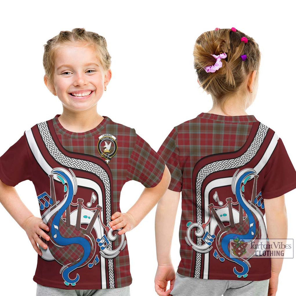 Tartan Vibes Clothing Lindsay Weathered Tartan Kid T-Shirt with Epic Bagpipe Style