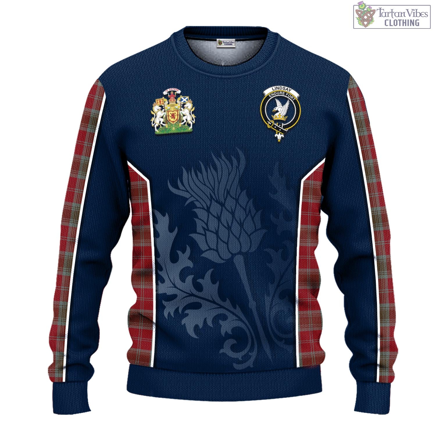 Tartan Vibes Clothing Lindsay Weathered Tartan Knitted Sweatshirt with Family Crest and Scottish Thistle Vibes Sport Style