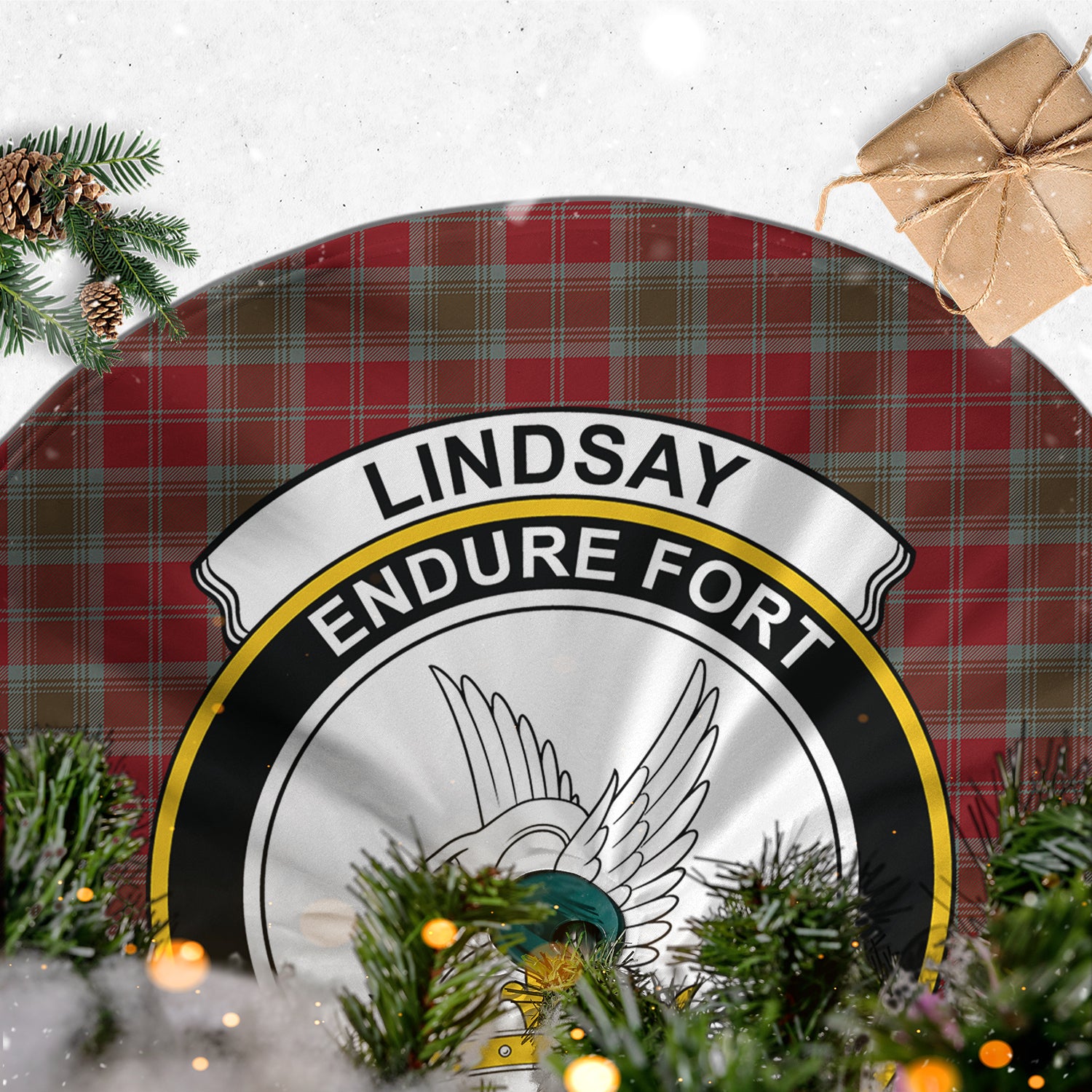 Lindsay Weathered Tartan Christmas Tree Skirt with Family Crest - Tartanvibesclothing