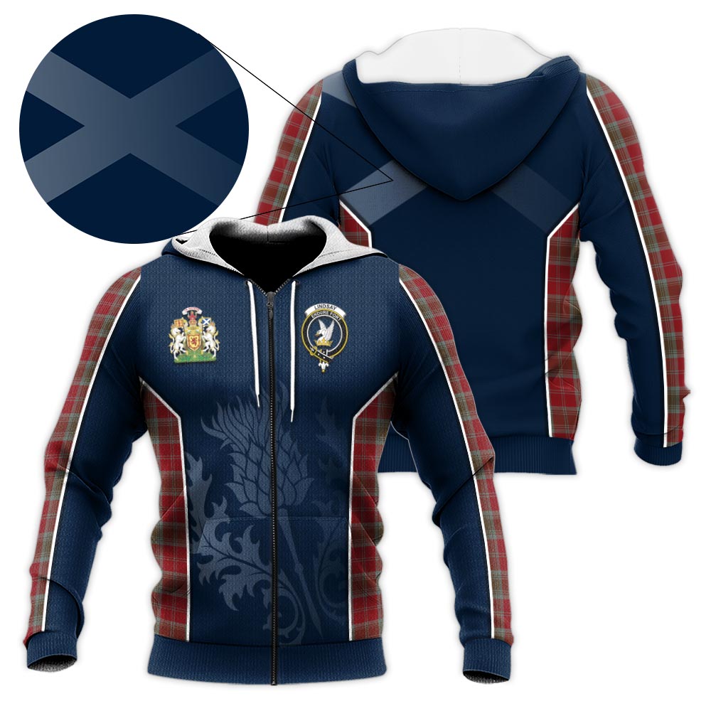 Tartan Vibes Clothing Lindsay Weathered Tartan Knitted Hoodie with Family Crest and Scottish Thistle Vibes Sport Style