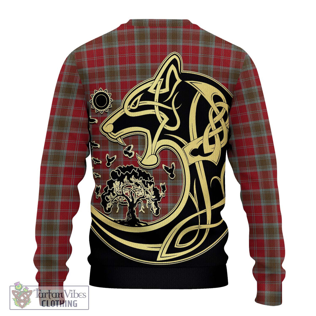 Lindsay Weathered Tartan Knitted Sweater with Family Crest Celtic Wolf Style - Tartan Vibes Clothing