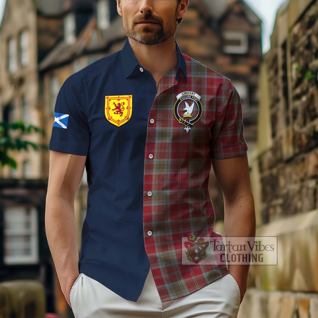 Tartan Vibes Clothing Lindsay Weathered Tartan Short Sleeve Button Shirt with Scottish Lion Royal Arm Half Style