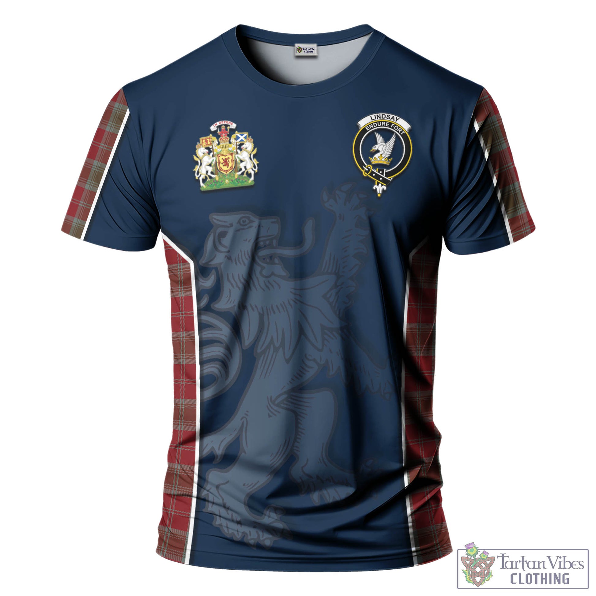 Tartan Vibes Clothing Lindsay Weathered Tartan T-Shirt with Family Crest and Lion Rampant Vibes Sport Style