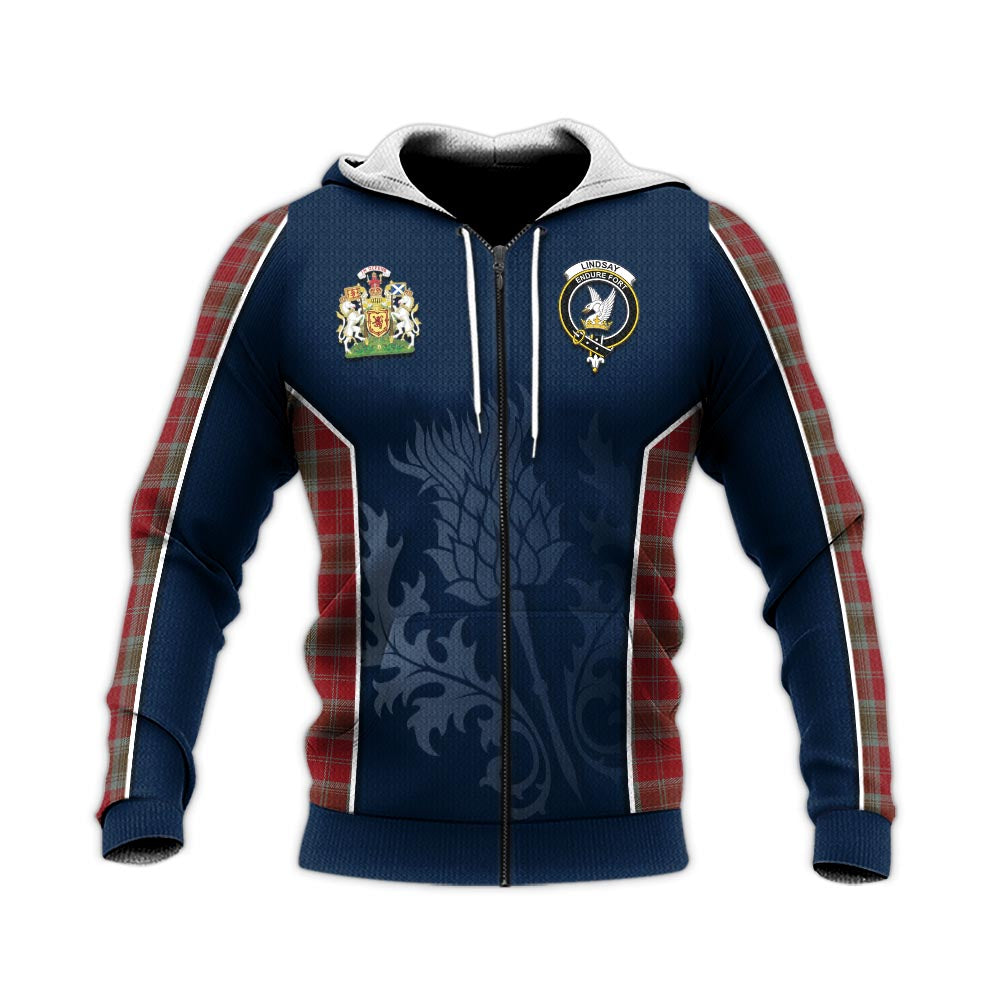 Tartan Vibes Clothing Lindsay Weathered Tartan Knitted Hoodie with Family Crest and Scottish Thistle Vibes Sport Style