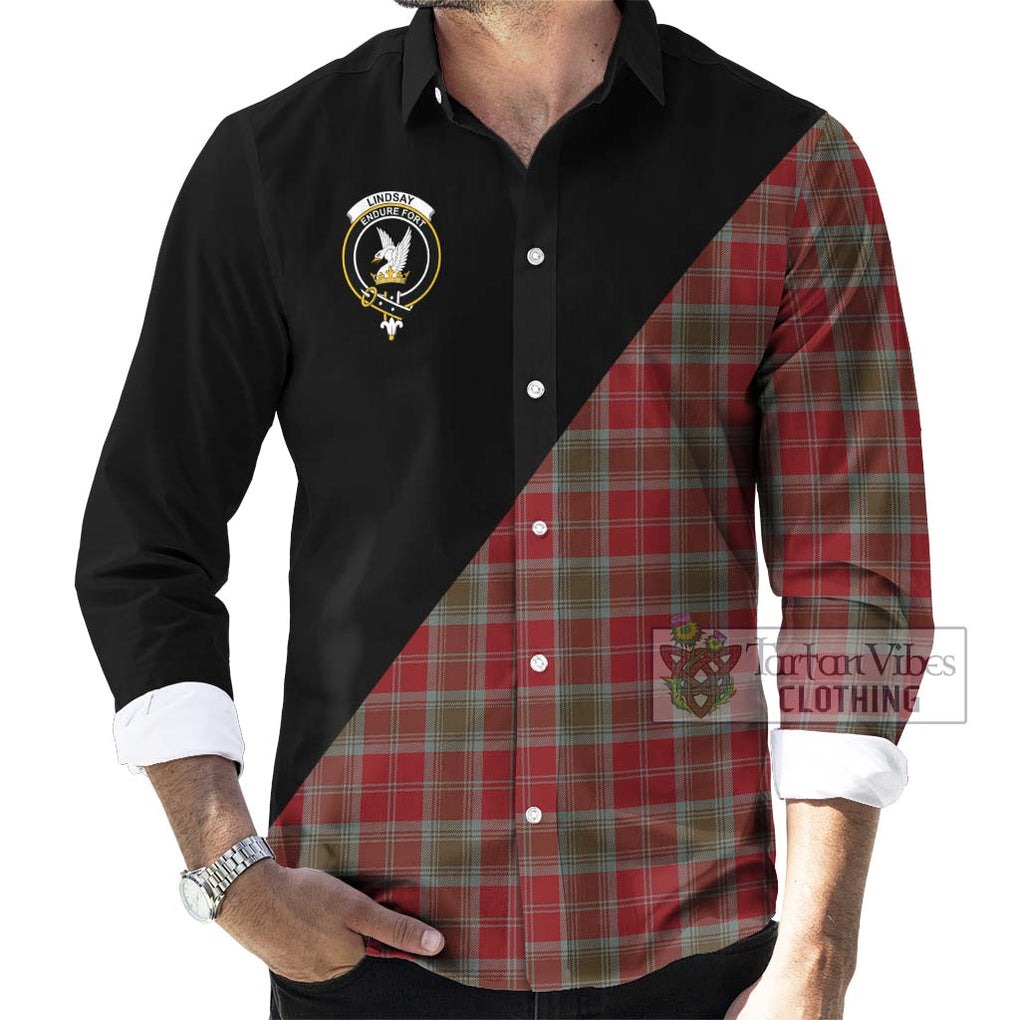 Lindsay Weathered Tartan Long Sleeve Button Shirt with Family Crest and Military Logo Style - Tartanvibesclothing Shop