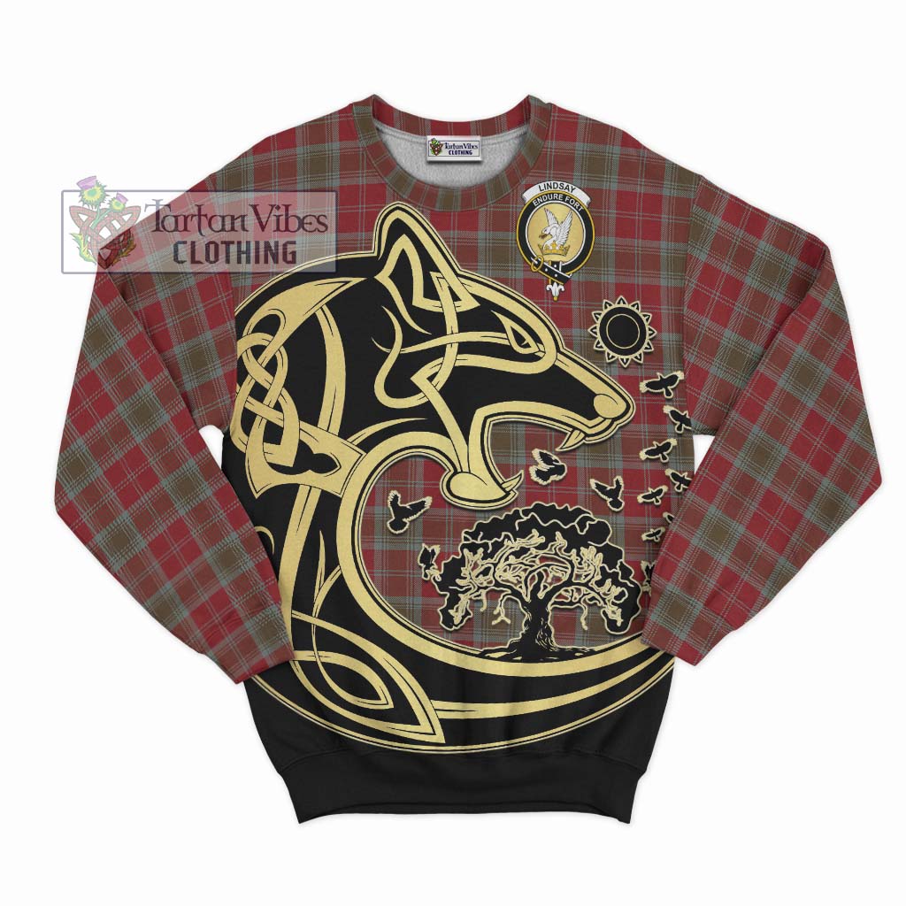 Tartan Vibes Clothing Lindsay Weathered Tartan Sweatshirt with Family Crest Celtic Wolf Style