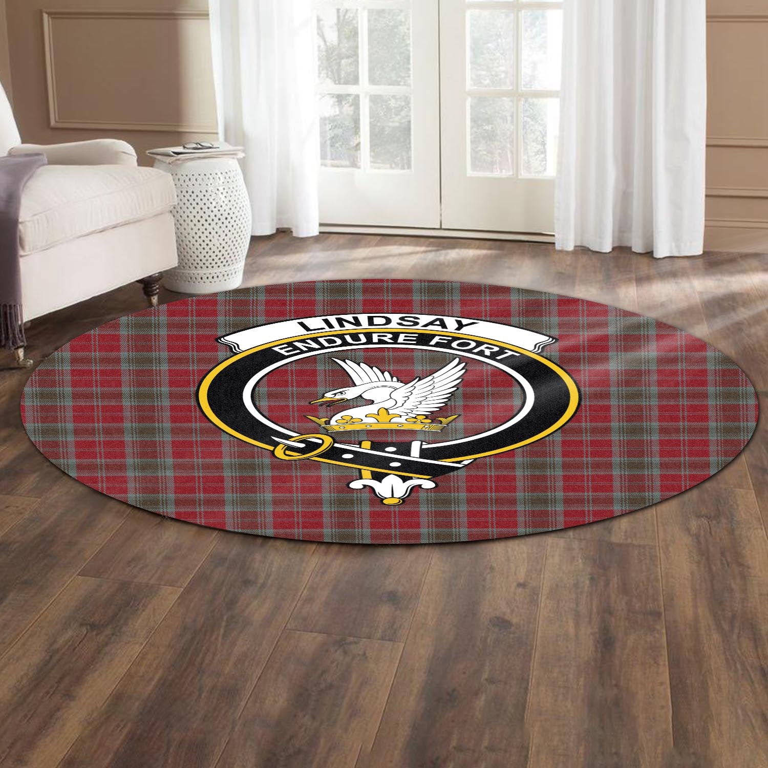 lindsay-weathered-tartan-round-rug-with-family-crest