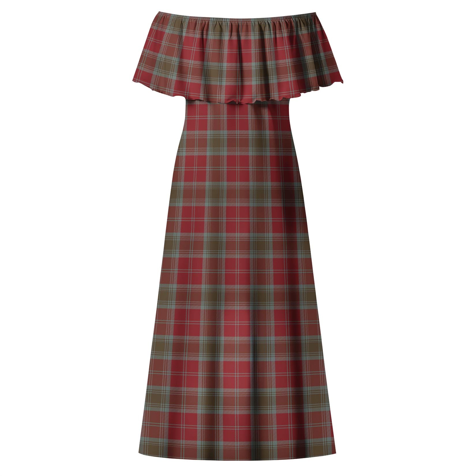 Lindsay Weathered Tartan Off Shoulder Long Dress - Tartanvibesclothing