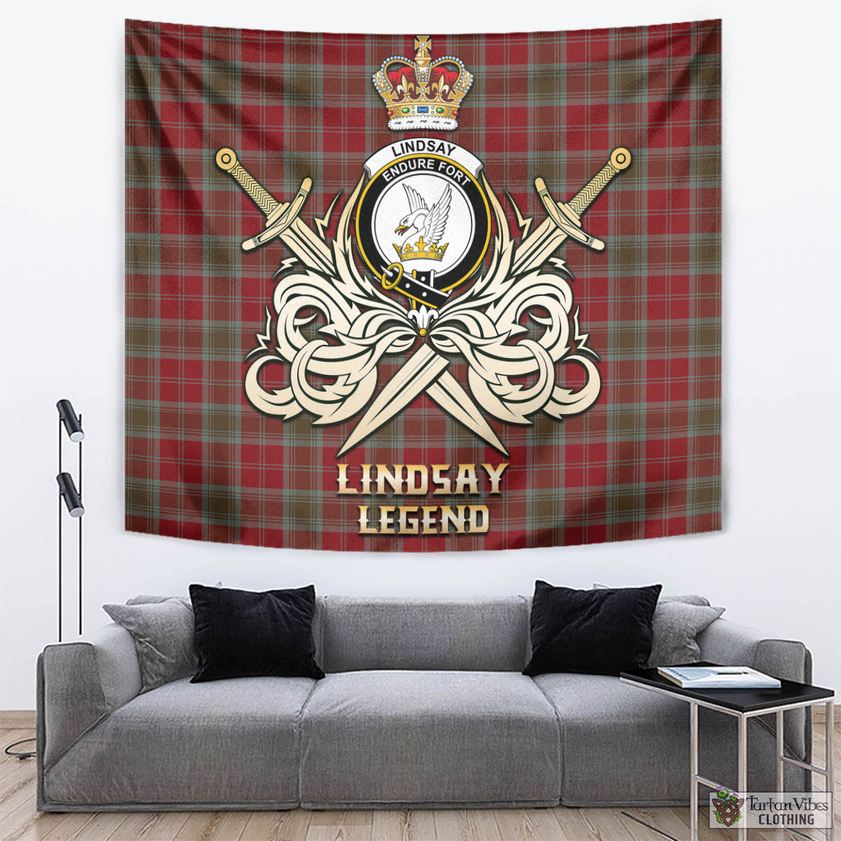 Tartan Vibes Clothing Lindsay Weathered Tartan Tapestry with Clan Crest and the Golden Sword of Courageous Legacy